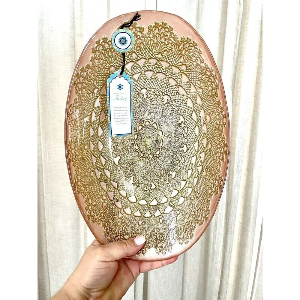 Turkish Glass Pink Oval Bowl Serving Salad Dinner Gold Lace Print Handmade NWT